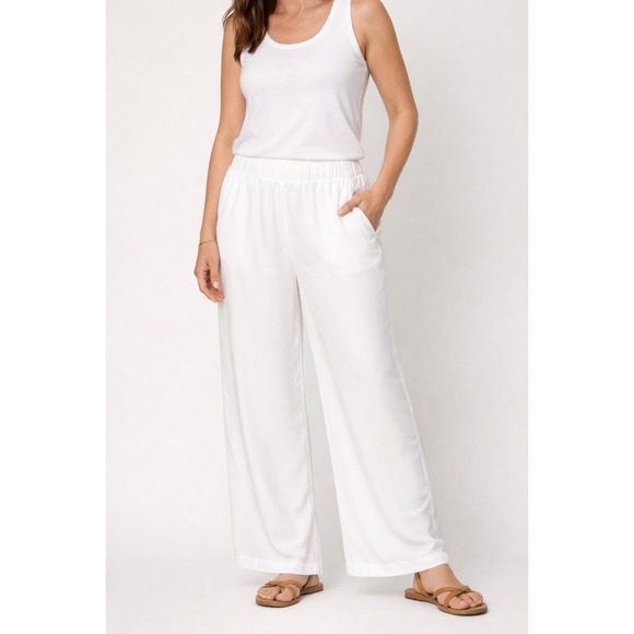 Lands' End Pants - Lands End 1X White Wide Leg Pants Modal Pull On Resort Beach